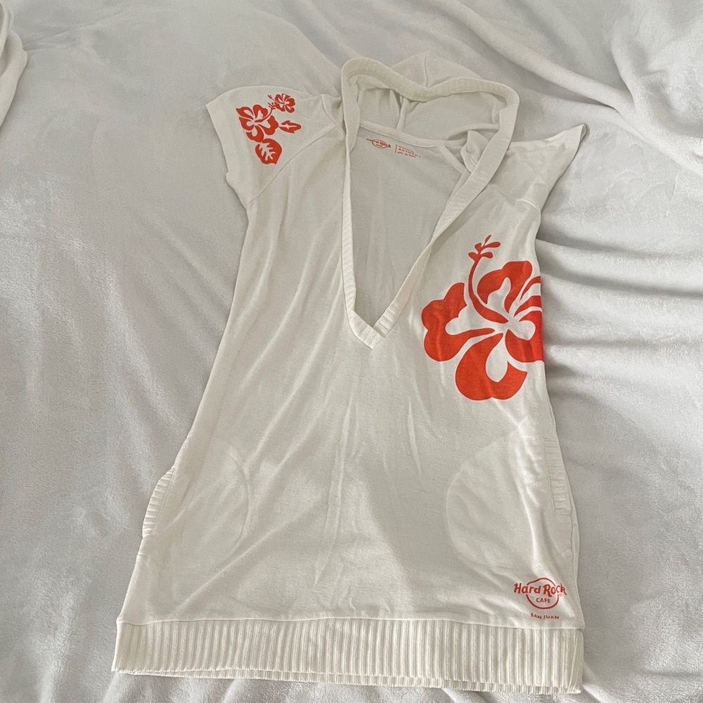Hard Rock Cafe San Juan Cream and Orange Floral Hooded Tunic